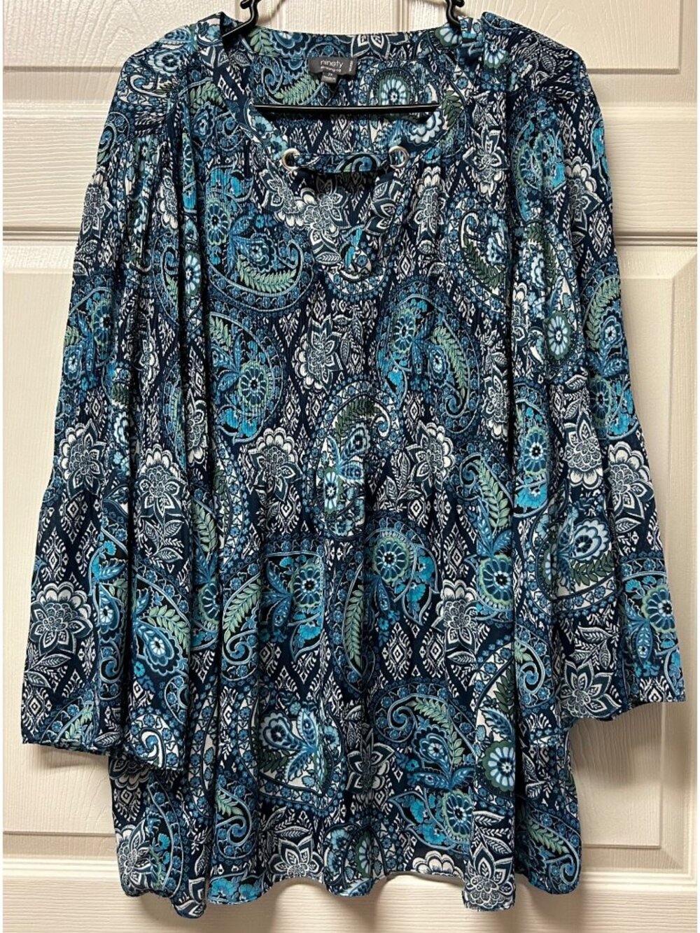Women's 2X Blue Teal Paisley Bohemian-chic Hippie Tunic Flowy 3/4 Bell Sleeves